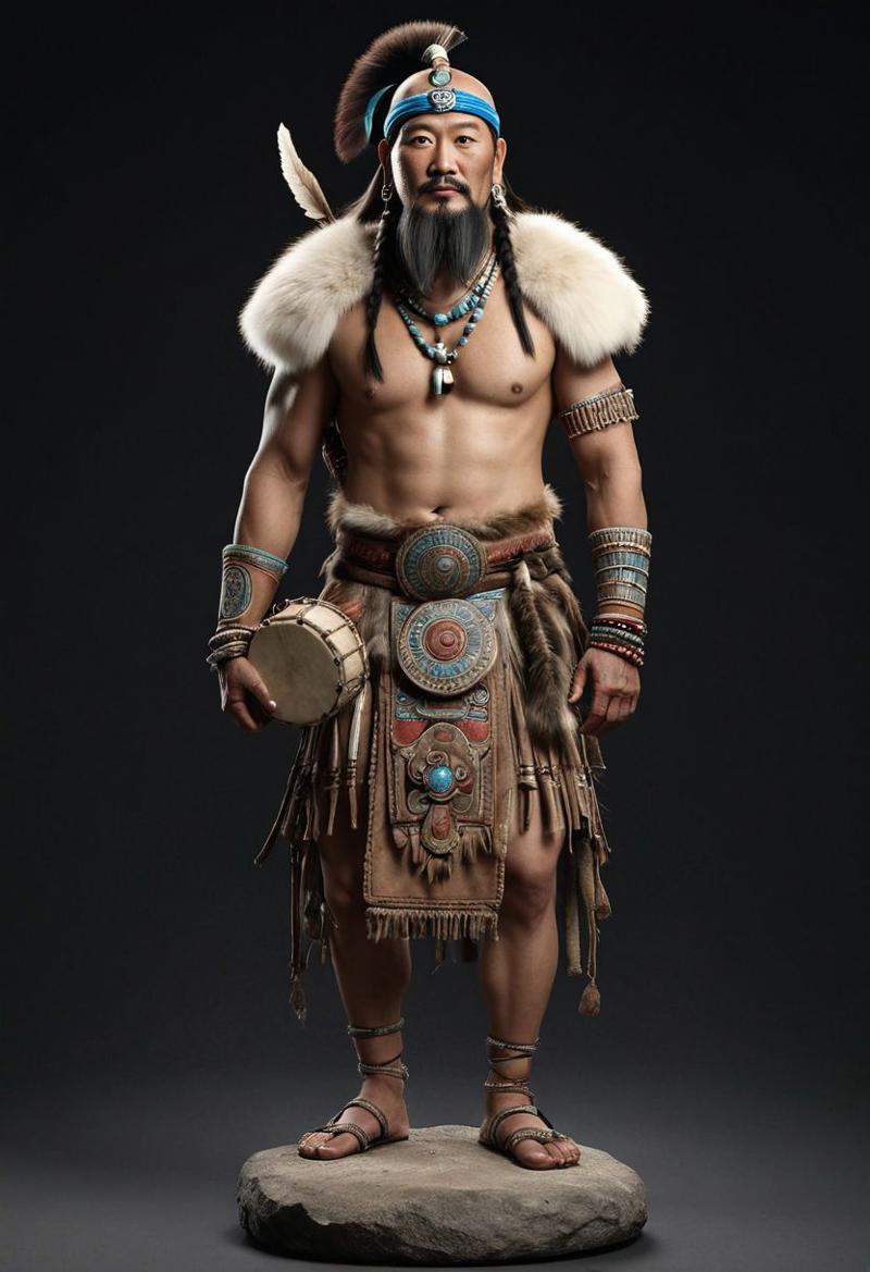 20794-2100404954-mountain medieval mongolian shaman in a fur and bone and drum, 1man standing, (full body_1.5), hero pose,exaggerated proportions.jpg